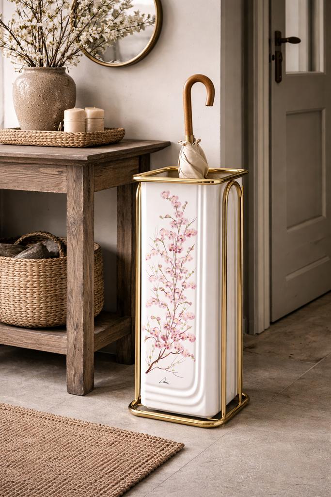 Vintage Paraplubak met Bloesemdecoratie en Gouden Frame, Huis en Inrichting, Woonaccessoires | Overige, Ophalen of Verzenden, Gebruikt