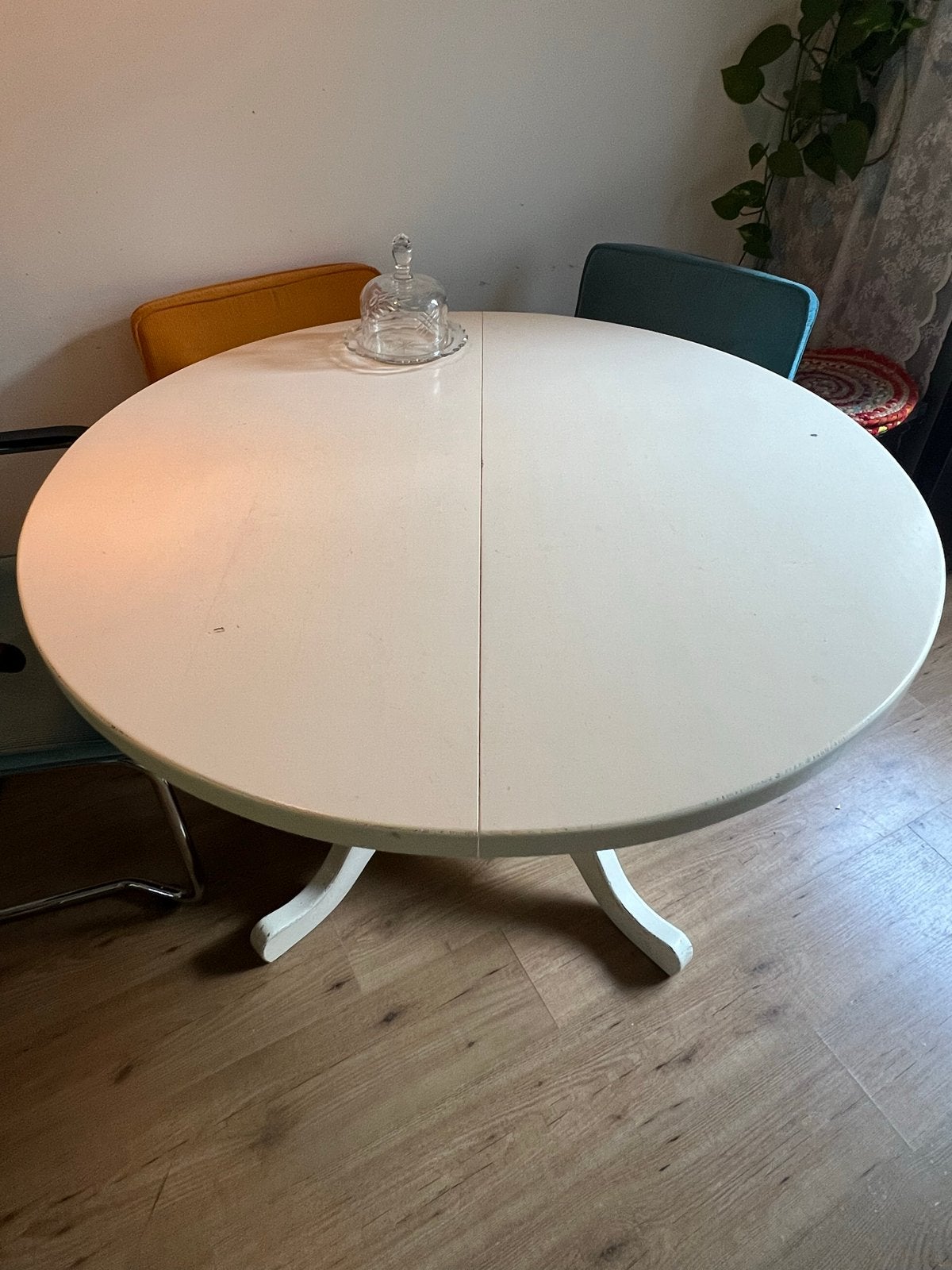 Uitschuifbare ronde eettafel - Crème wit, Ophalen, Gebruikt, 100 tot 150 cm, Rond