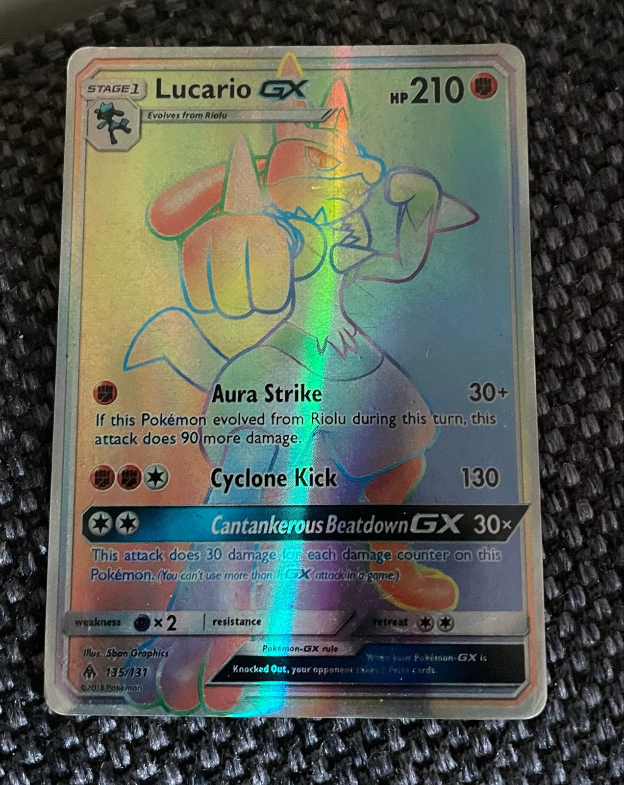 Lucario GX Rainbow Rare Pokémon Kaart (135/131), Ophalen of Verzenden, Zo goed als nieuw, Losse kaart, Foil