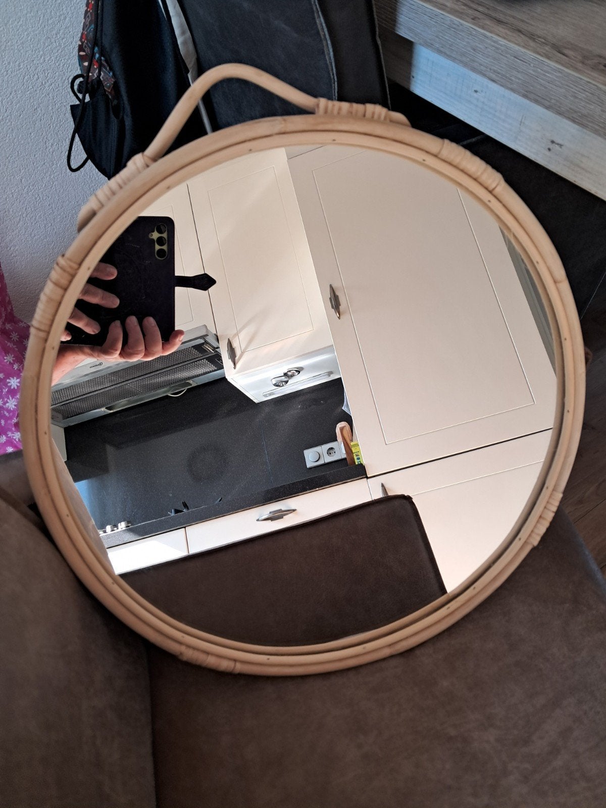 rieten spiegel, Minder dan 50 cm, Rond, Ophalen of Verzenden, Zo goed als nieuw