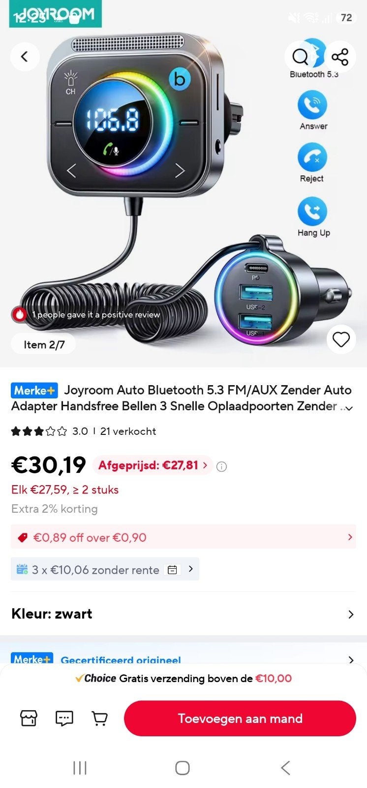 Joyroom Auto Bluetooth 5.3 FM/AUX Zender Adapter, Ophalen of Verzenden