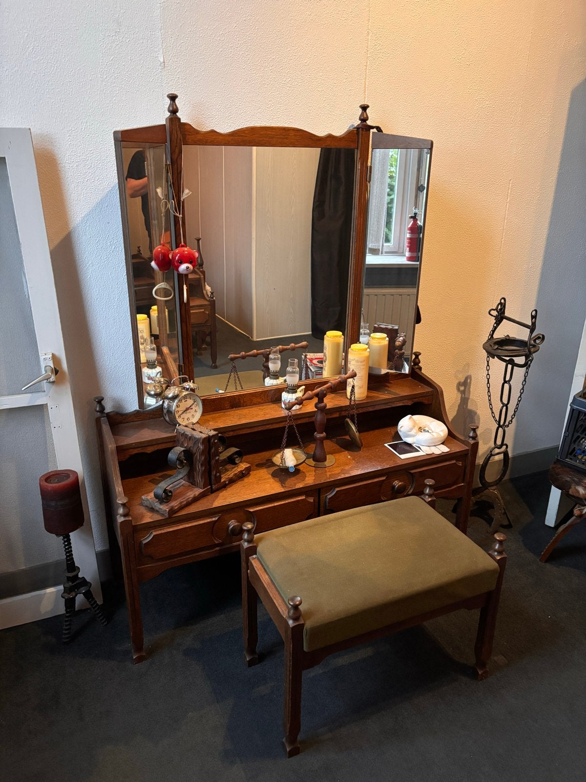 Antieke vintage kaptafel met spiegel en krukje, Antiek en Kunst, Ophalen