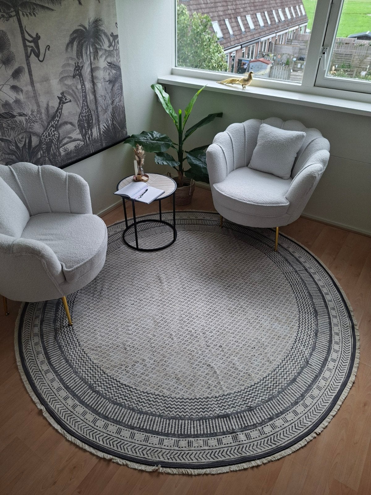 Rond vloerkleed met patroon - Grijs/Wit - 2m, Ophalen, Gebruikt, Wit, Rond