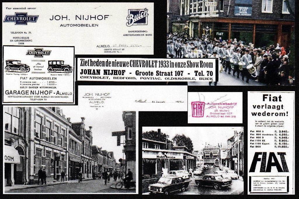 Almelo, oude garagebedrijf Johan Nijhof, Fiat, collage, Ophalen of Verzenden, 1940 tot 1960, Ongelopen, Overijssel