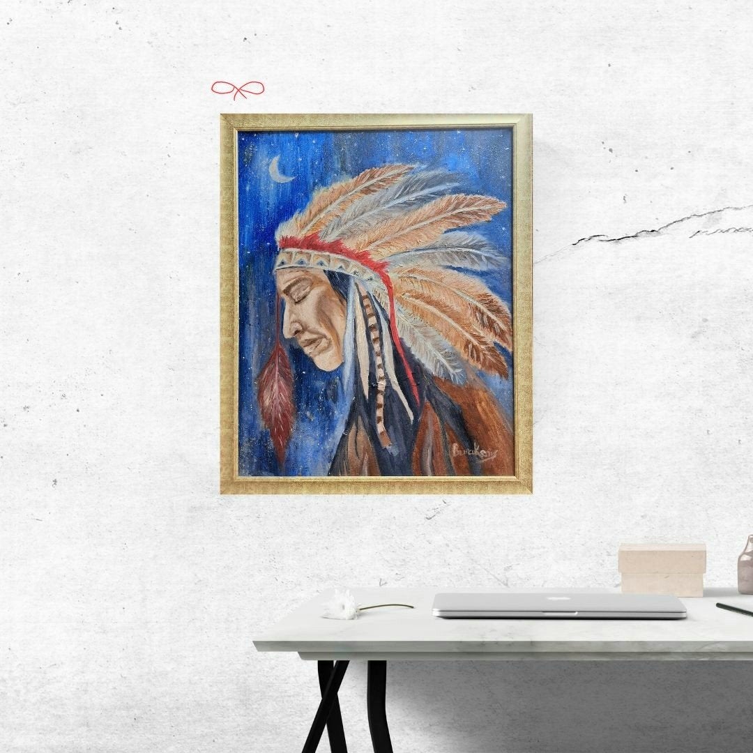 Schilderij: Indiaanse Hoofdman onder de Maan, Antiek en Kunst, Kunst | Schilderijen | Klassiek, Ophalen of Verzenden