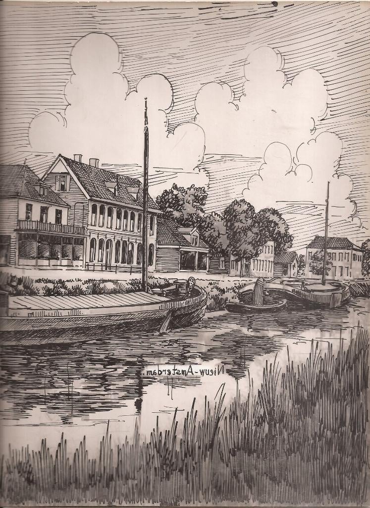 Nieuw-Amsterdam Kanaal met Huizen en schepen1948 Sievers, Antiek en Kunst, Kunst | Tekeningen en Foto's, Ophalen of Verzenden