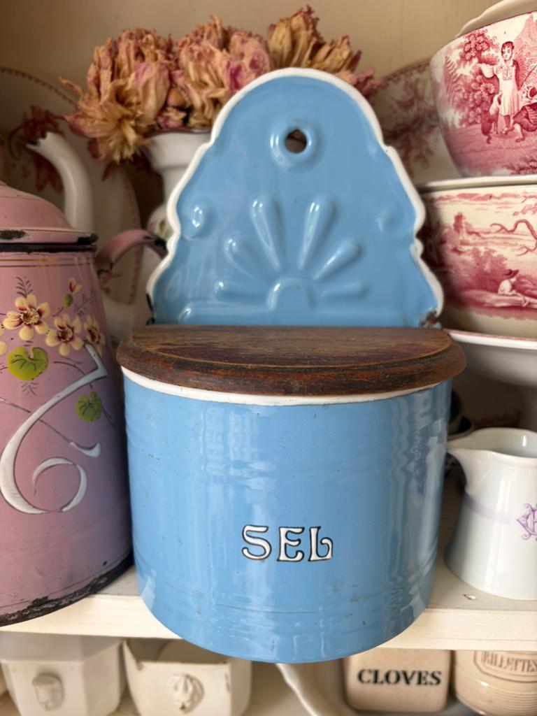 Antieke brocante blauwe Franse zoutpot ‘sel’, Ophalen of Verzenden
