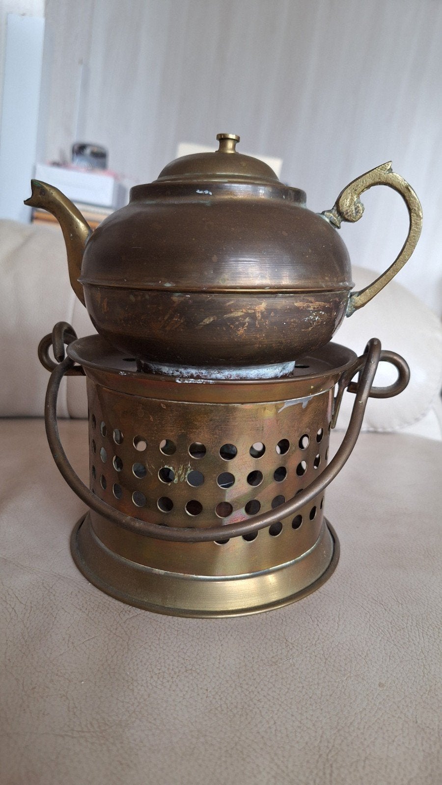 Antiek koperen theepotje met theelicht, Ophalen of Verzenden, Koper