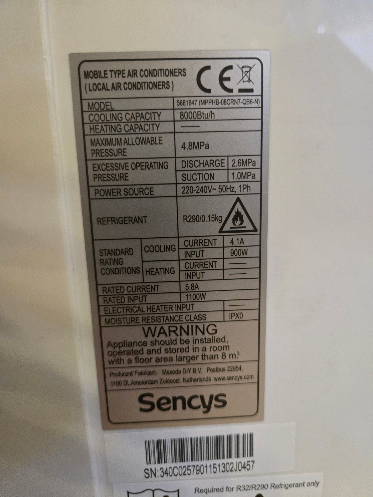 Sencys Mobiele Airco 8000 BTU, Ophalen, Minder dan 60 m³, 3 snelheden of meer, Afstandsbediening