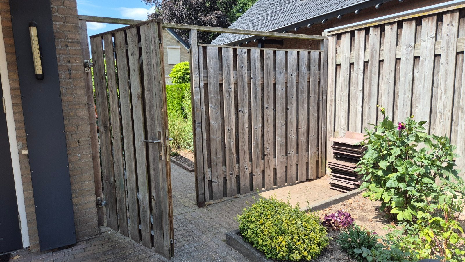 Poort met schuttingdeel van geïmpregneerd hout, Tuin en Terras, Tuinpoorten, Ophalen, Gebruikt, 200 cm of meer, Hout