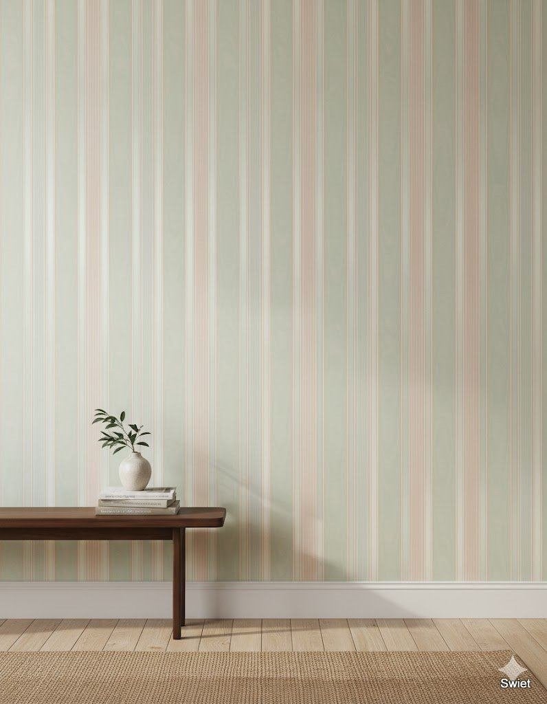2025 Retro pastel strepen behang roze mint seventies swiet, Ophalen of Verzenden, Blauw