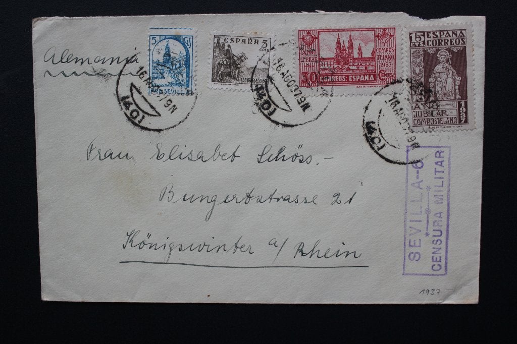 1937 CENSUURBRIEF SPANJE SPAANSE BURGEROORLOG NAAR DUITSLAND, Ophalen of Verzenden, Brief
