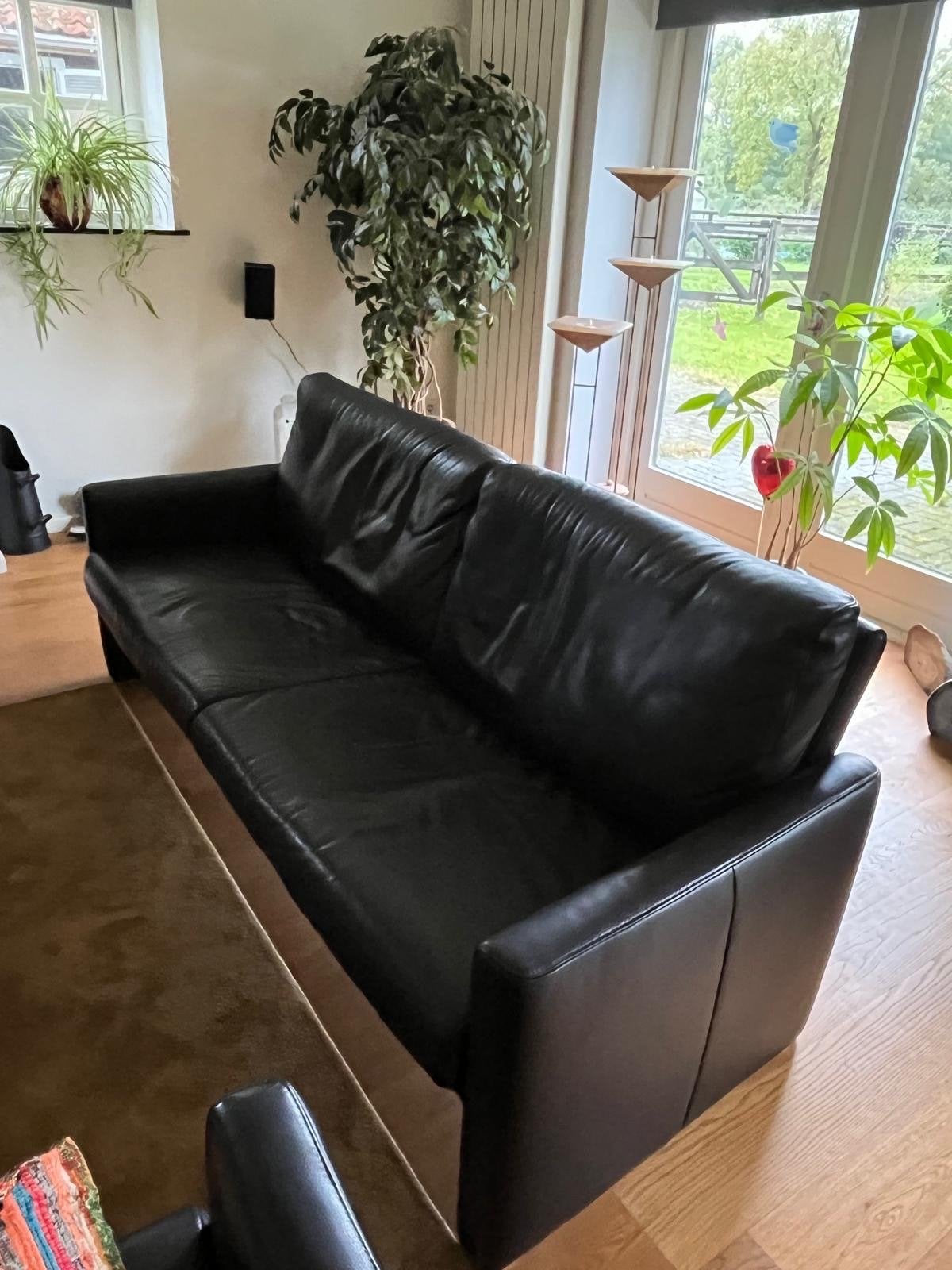 Goossens Comfort Luxe 3,5-zits bank, zwart leer, lage rug, Ophalen, Gebruikt, Leer, Rechte bank