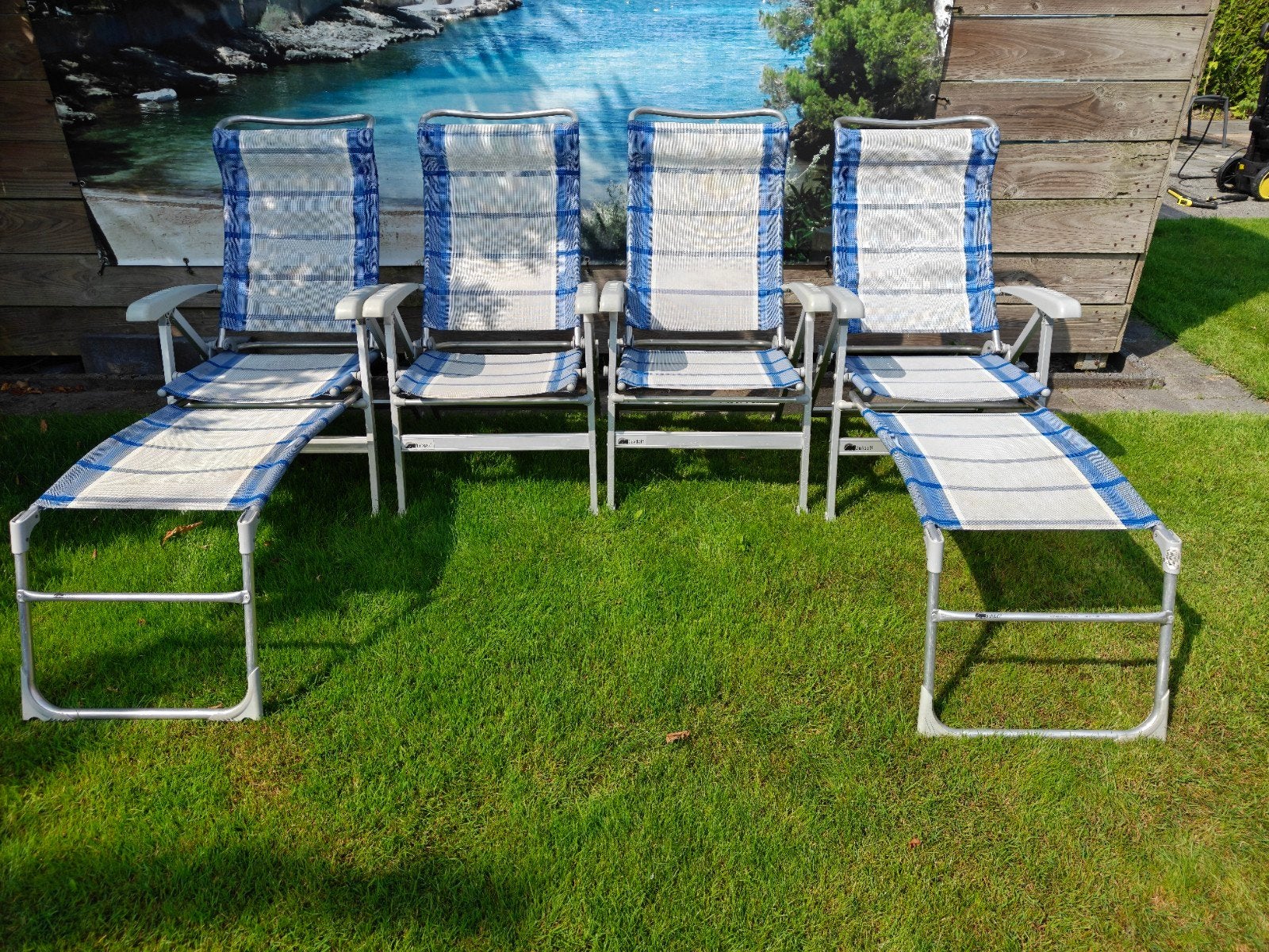 4 Dukdalf campingstoelen met 2 voetenbankjes, Ophalen, Gebruikt, Aluminium, Verstelbaar