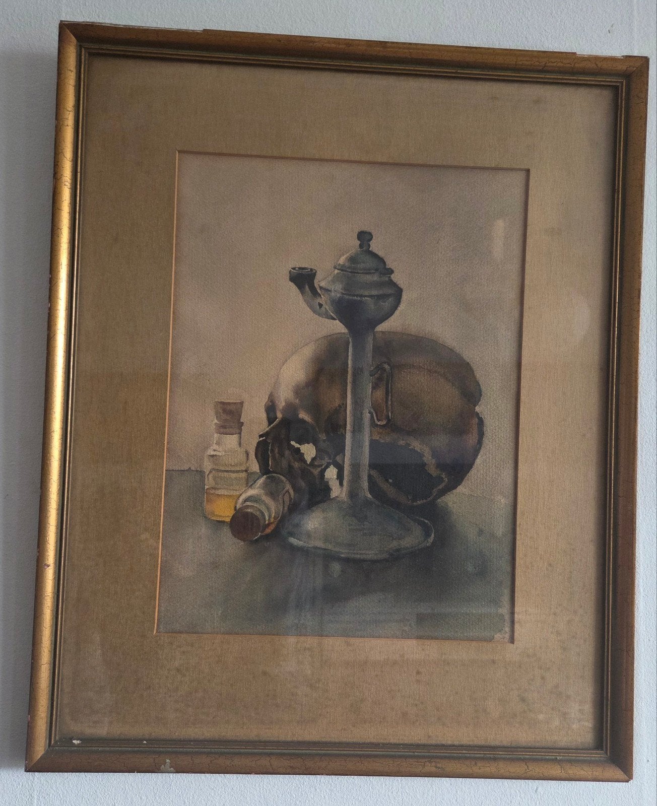 Vintage stilleven met schedel en olielamp, ingelijst, Antiek en Kunst, Ophalen