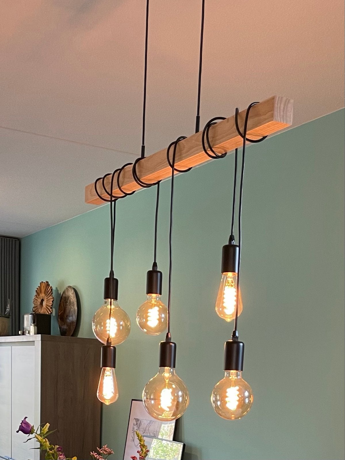Hanglamp met houten balk en 6 dimbare filament lampen, Ophalen, Gebruikt, Hout