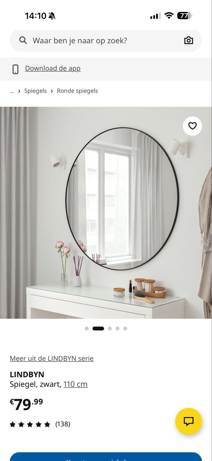 LINDbyn Spiegel, zwart, 110 cm, Ophalen, 100 tot 150 cm, Rond, Zo goed als nieuw