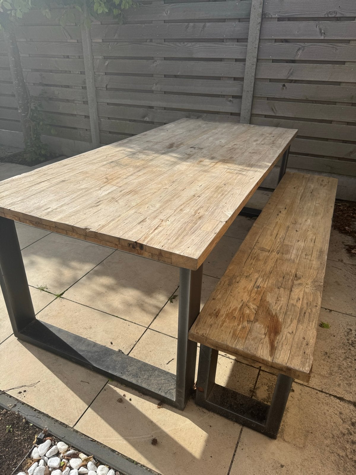 Romaro Teak Mix Rough Eettafel met Eetbank, Ophalen, Gebruikt, Rechthoekig, Teakhout