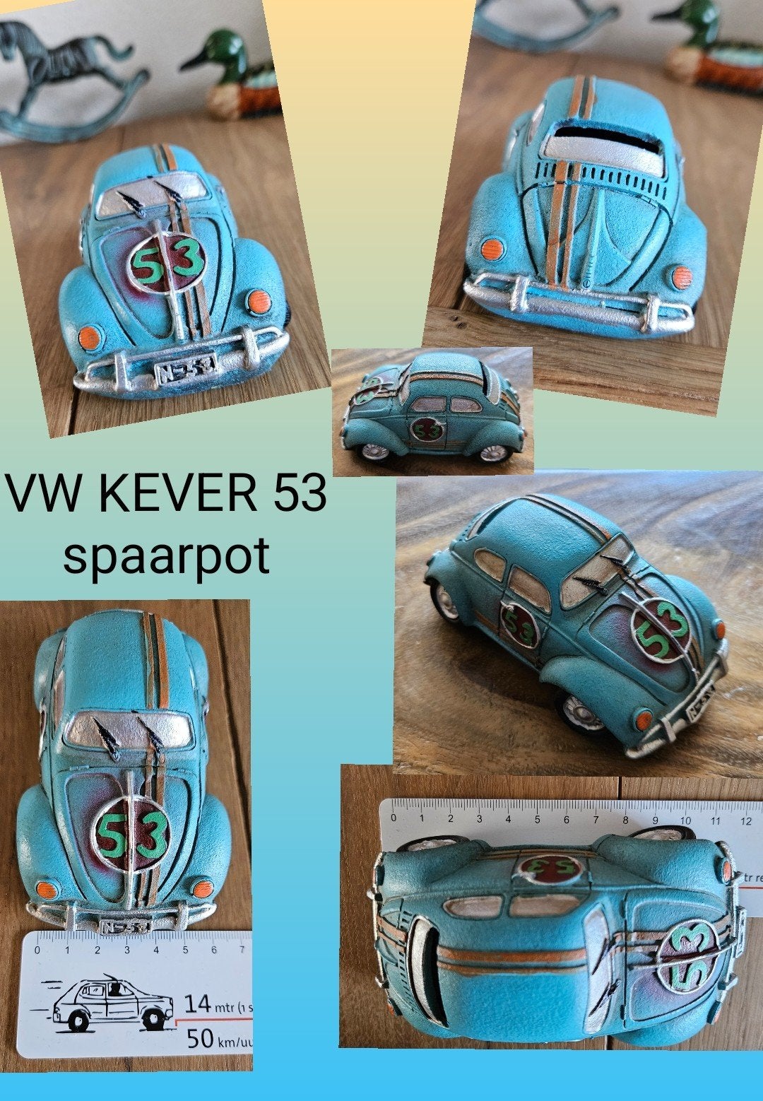 VW Kever spaarpot blauw/groen rally nummer 53 special, gaaf!, Ophalen of Verzenden