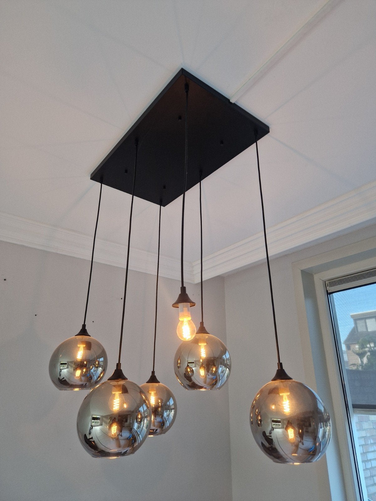 Moderne hanglamp met 5 glazen bollen - fantasy globe, Ophalen, Gebruikt, Modern, Industrieel, E27 (groot)