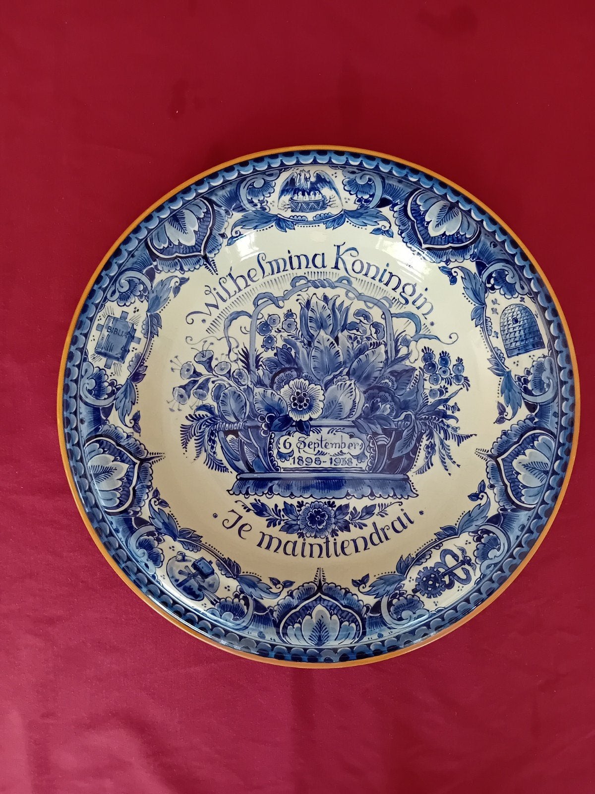 Delfts Blauw Kon. Wilhelmina Herdenkingsbord Porceleyne Fles, Ophalen of Verzenden