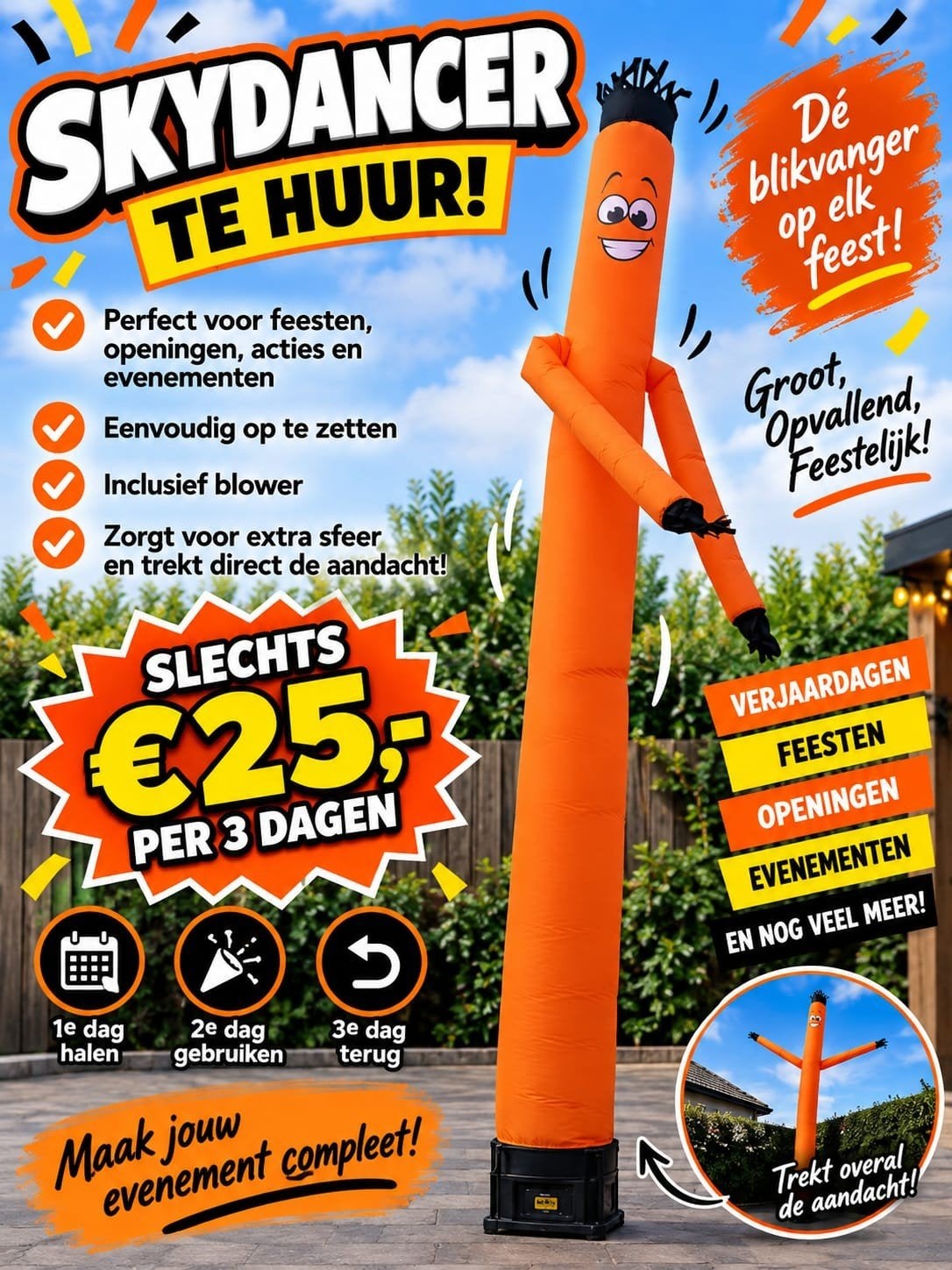 Opblaasbare Skydancer - Oranje Feestpop te huur, Ophalen, Nieuw, Feestartikel, Overige