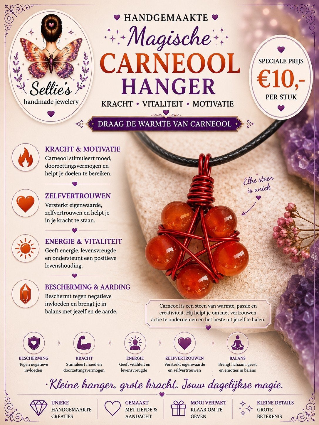 🦋 Sellie's handmade jewelery 🦋, Sieraden, Tassen en Uiterlijk, Kettingen, Nieuw, Steen of Mineraal, Oranje, Met edelsteen, Met hanger