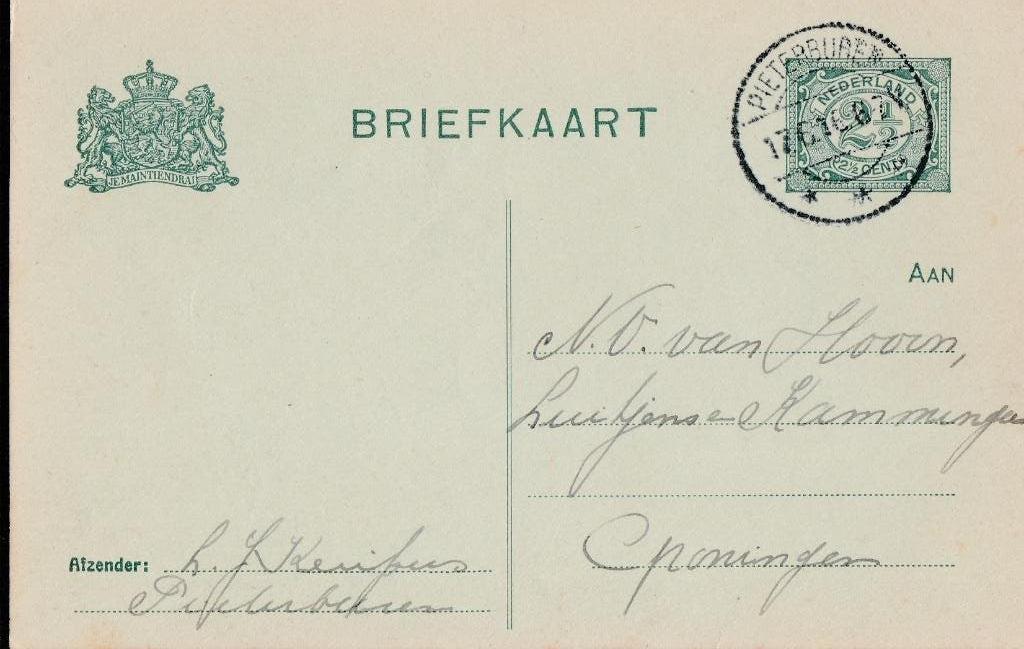 PIETERBUREN 1916 afz L.J. KUIPERS over kalizout, Verzamelen, Ansichtkaarten | Nederland, Ophalen of Verzenden, Voor 1920, Gelopen