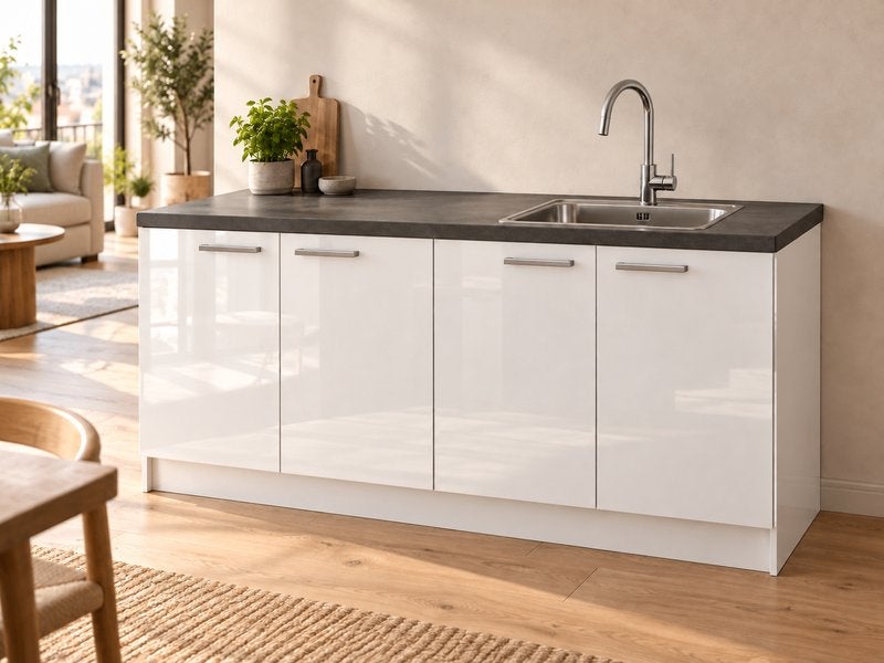 Keukenblok 180 cm hoogglans wit – incl spoelbak en kraan, Uwkeukenkast.nl, Wit, Nieuw, Enkelwandige keuken