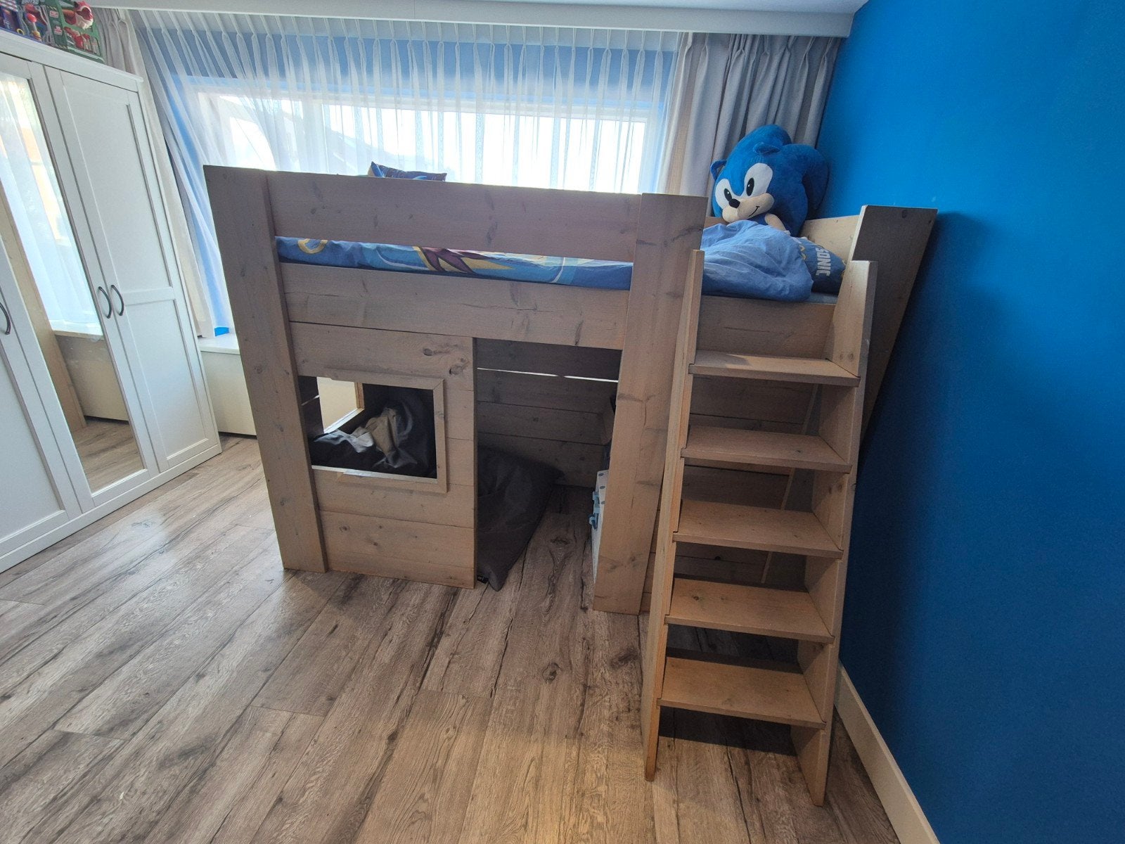 Stevig houten hoogslaper met trap en speelruimte, Ophalen, Hoogslaper, Eenpersoons, 210 cm