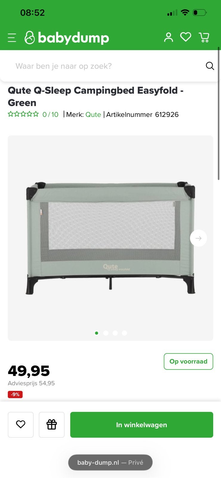 Qute Q-Sleep campingbedje / reisbedje, Kinderen en Baby's, Kinderkamer | Bedden, Ophalen of Verzenden, Zo goed als nieuw, Minder dan 140 cm