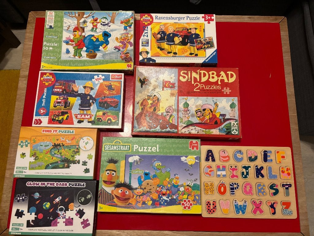 Verzameling puzzels Sam sesamstraat 12 48 100 50 hout, Ophalen of Verzenden, 10 tot 50 stukjes