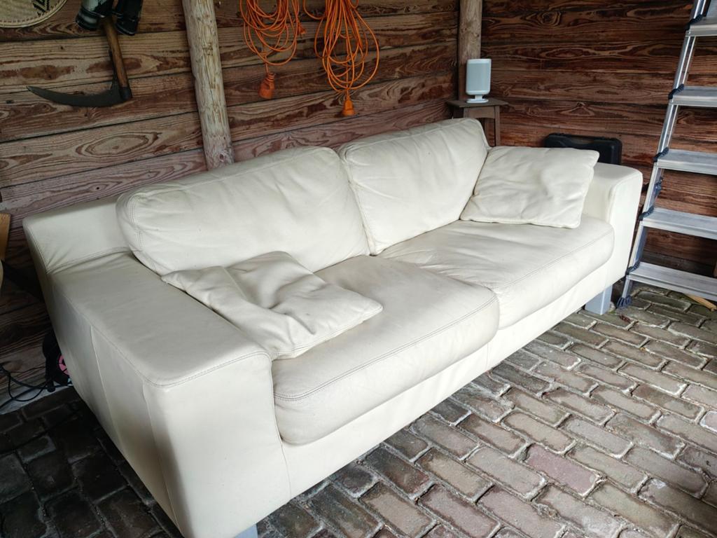 Comfortabele crèmekleurige echt leren MONTEL bank, Huis en Inrichting, Ophalen, Gebruikt, Driepersoons, Rechte bank