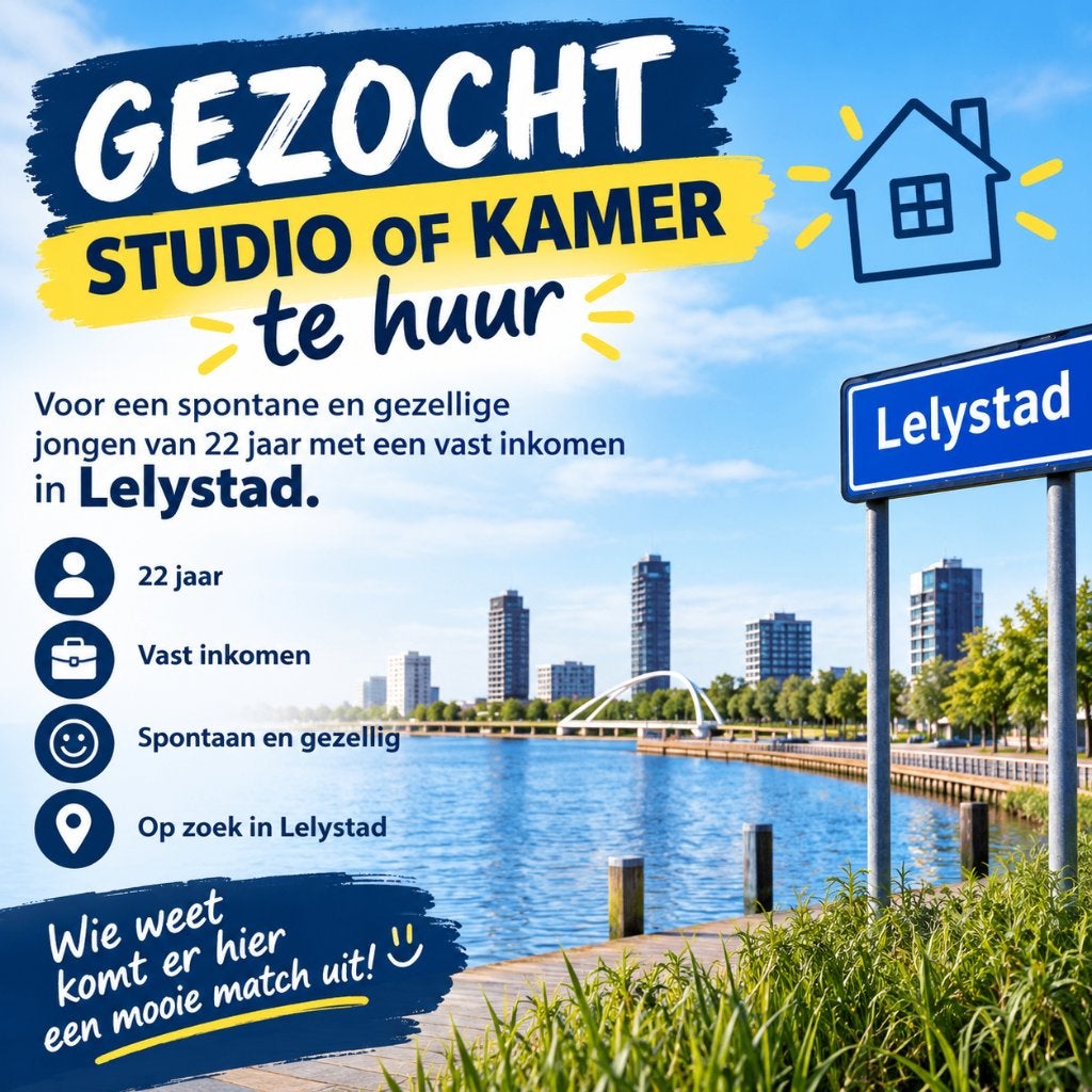 GEZOCHT kamer of studio te huur Lelystad, Overige regio's