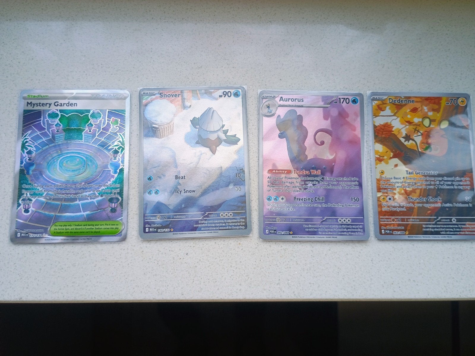 Pokémon kaarten: Mystery Garden, Snover, Aurorus, Dedenne, Ophalen of Verzenden, Zo goed als nieuw, Meerdere kaarten, Foil