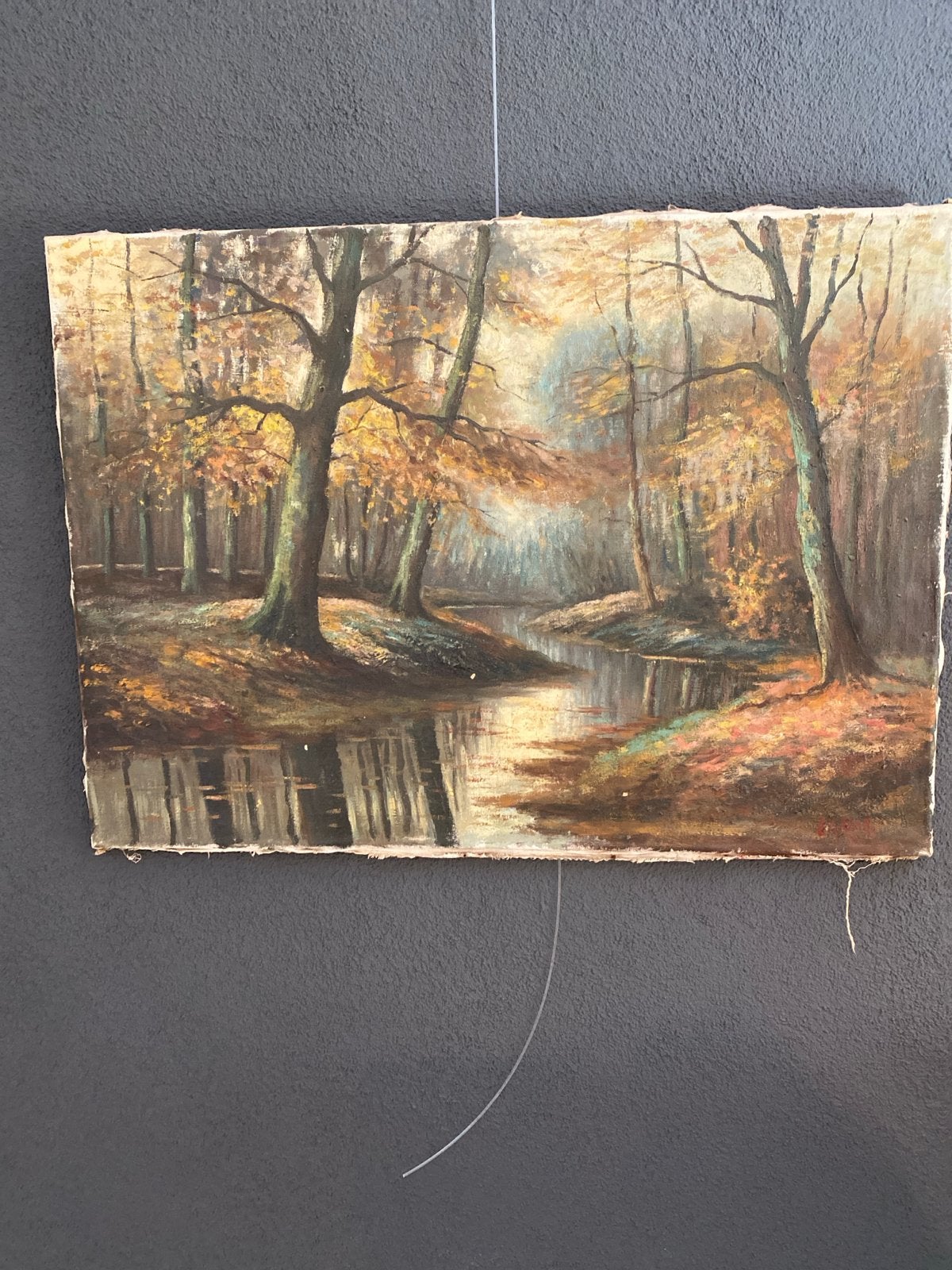 Schilderij met doorkijk bos en water, Doek, Ophalen of Verzenden, Gesigneerd, Landschap
