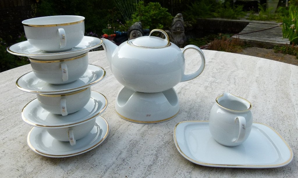 Super Mooi Douwe Egberts Thee Servies Wit met Gouden Bies, Huis en Inrichting, Keuken | Servies, Ophalen of Verzenden, Nieuw, Porselein