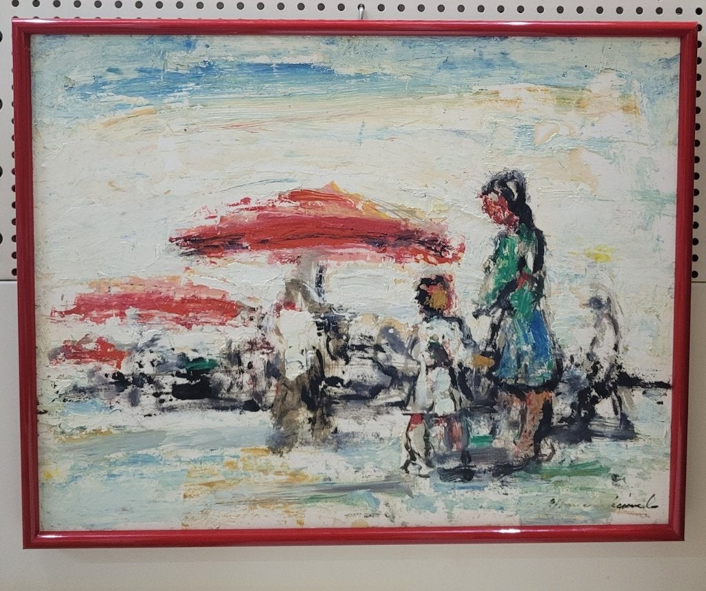 Karel Jan VAN DEN HEUVEL, de rode parasol, Paneel, Expressionistisch, Ophalen of Verzenden, Olieverf