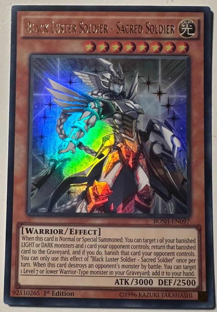 Yu-Gi-Oh! Black Luster Soldier - Sacred Soldier BOSH 1st !, Ophalen of Verzenden, Zo goed als nieuw, Losse kaart, Foil