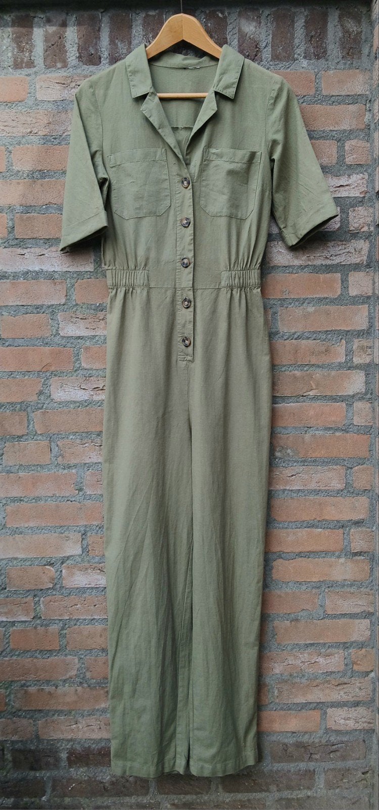 Zacht groene boho / minimalistische jumpsuit overall onesie, Ophalen of Verzenden, Zo goed als nieuw, Maat 36 (S), Groen