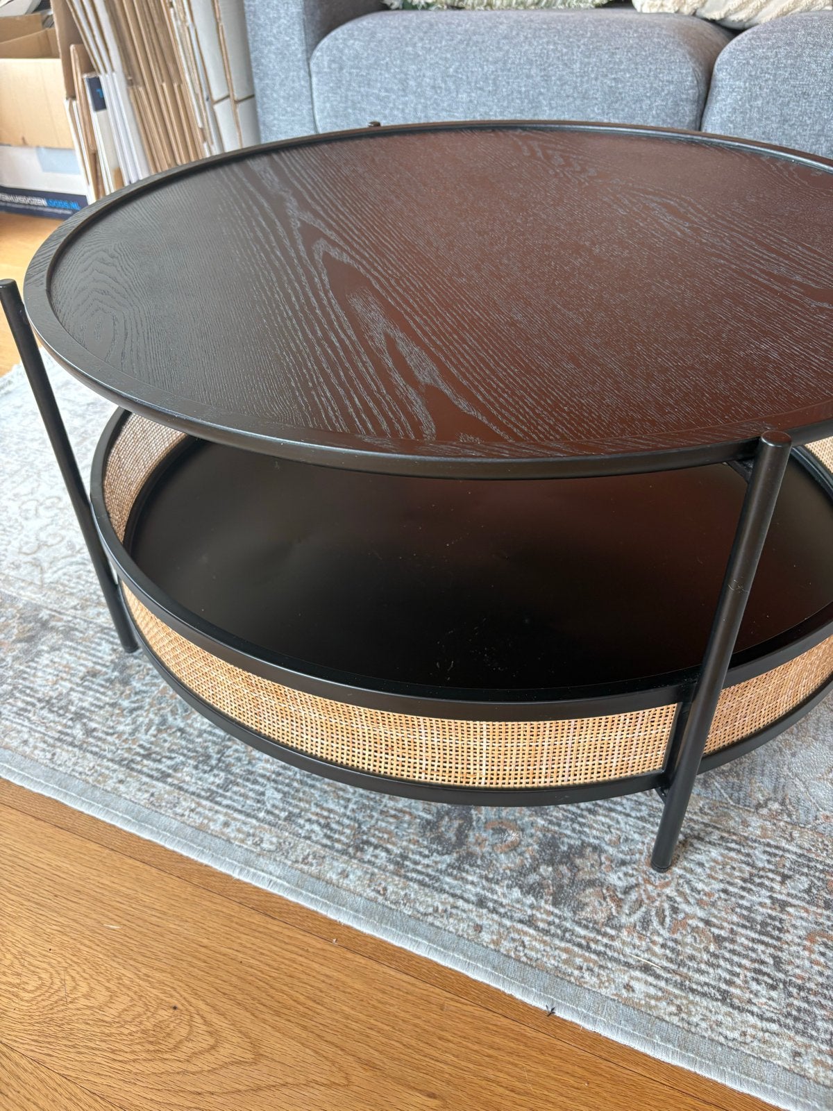Zwarte salontafel met rotan, 50 tot 100 cm, Rond, Zo goed als nieuw, Minder dan 50 cm