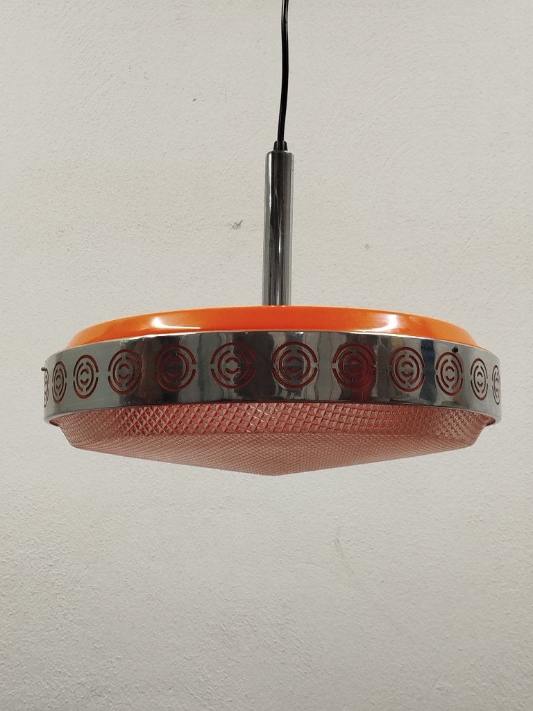 Retro design UFO hanglamp oranje/chroom, in topstaat, Verzamelen, Ophalen of Verzenden, Huis en Inrichting
