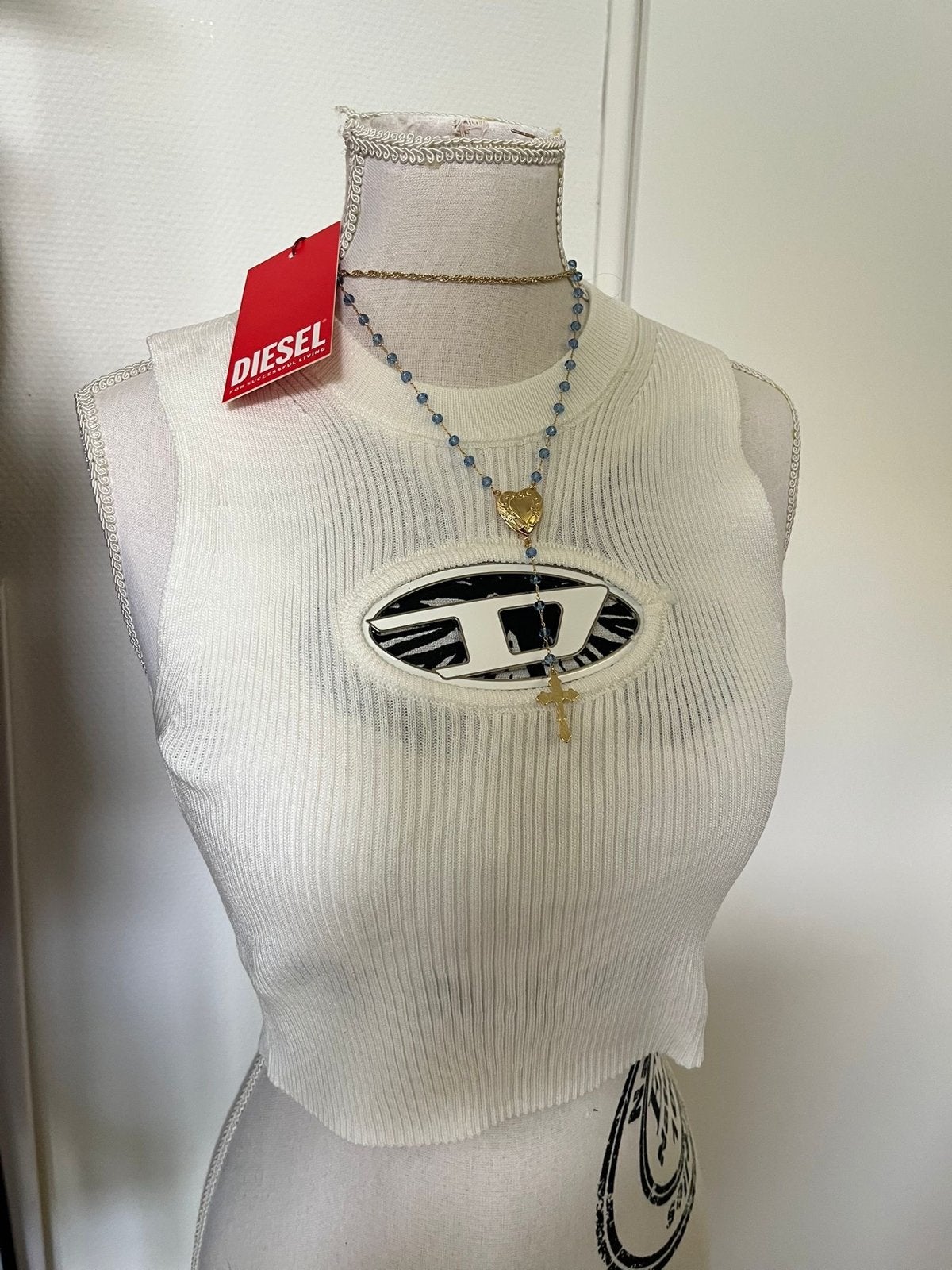 Diesel geribbelde crop top met logo - Wit en Zwart, Wit, Nieuw, Ophalen of Verzenden, Maat 36 (S)