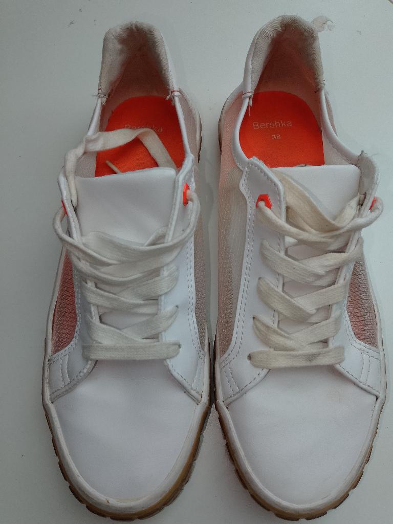 Bershka Mesh & Platform Sneakers – Wit/Oranje – Maat 38, Wit, Sneakers of Gympen, Gedragen, Bershka