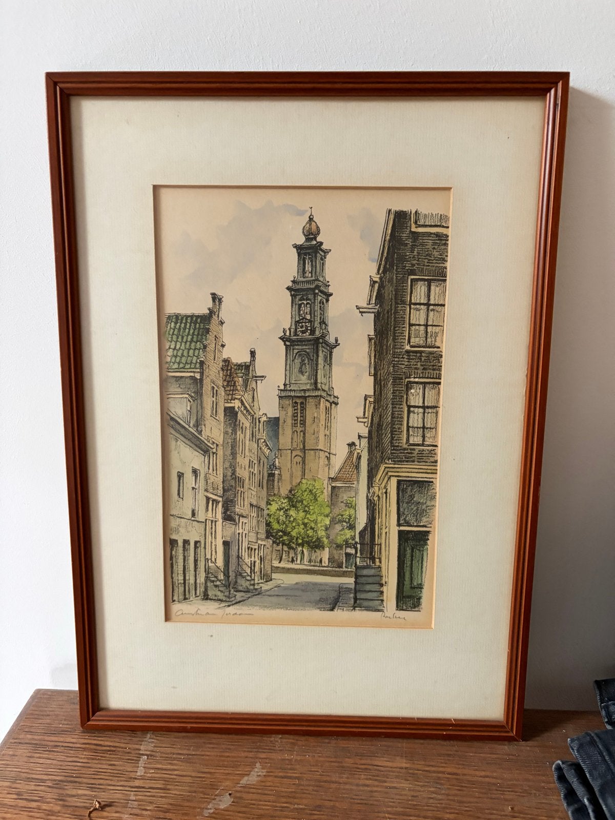 Ingelijste ets van Amsterdamse straat met Westertoren, Ets, Stadsgezicht, Ophalen of Verzenden, Gesigneerd