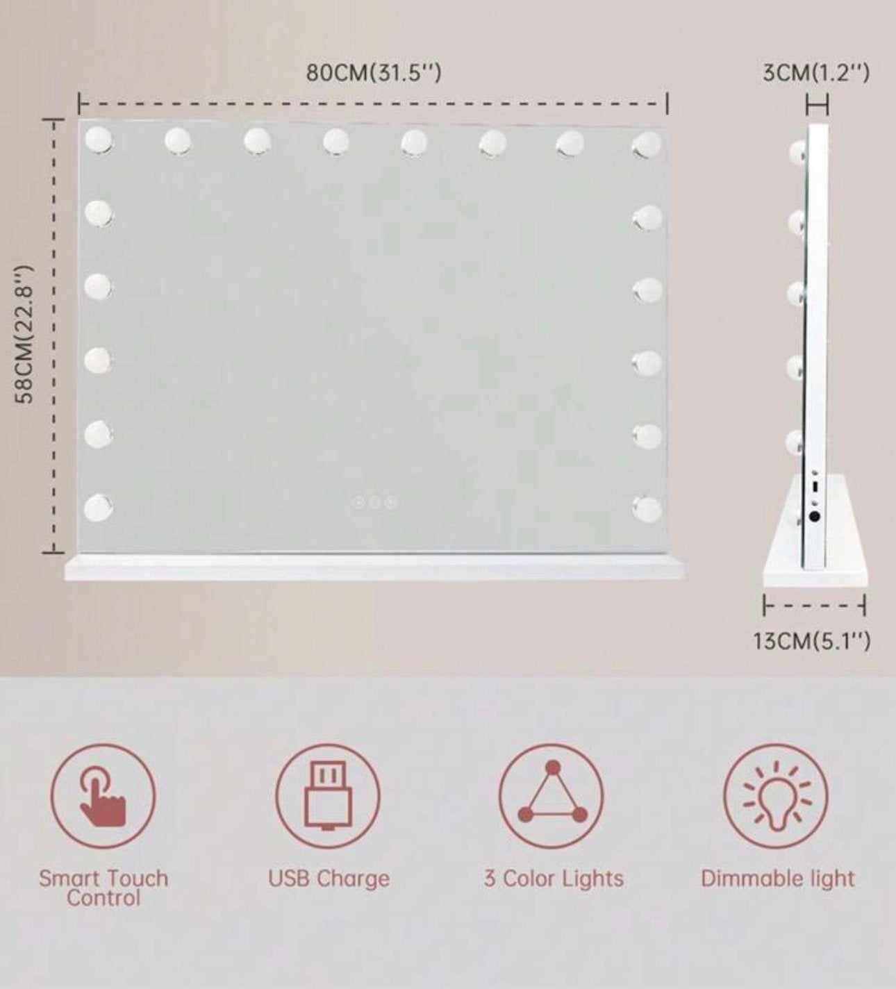 Hollywood Make-up Spiegel met Verlichting - 80x58cm, Ophalen, Zo goed als nieuw, 75 tot 100 cm, Minder dan 100 cm