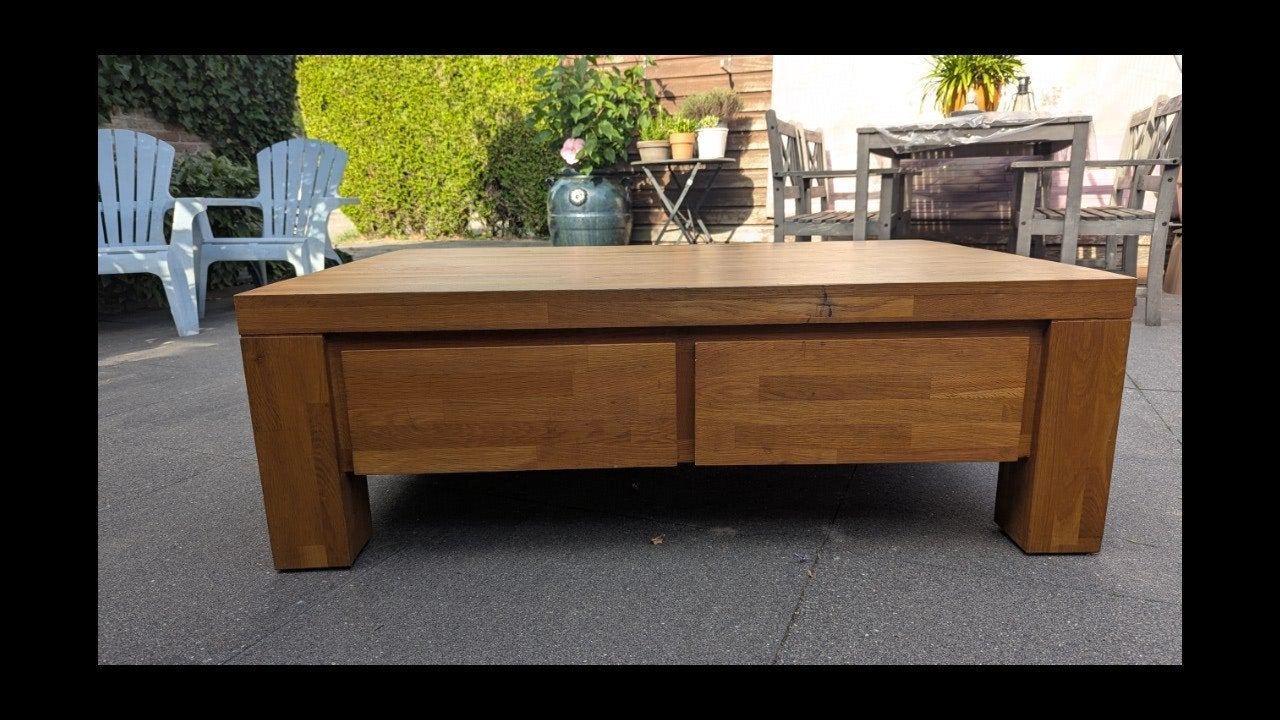 Massief teak salontafel met lades, licht bruine(teak kleur),, Huis en Inrichting, Ophalen, 100 tot 150 cm, Modern hout, Teakhout