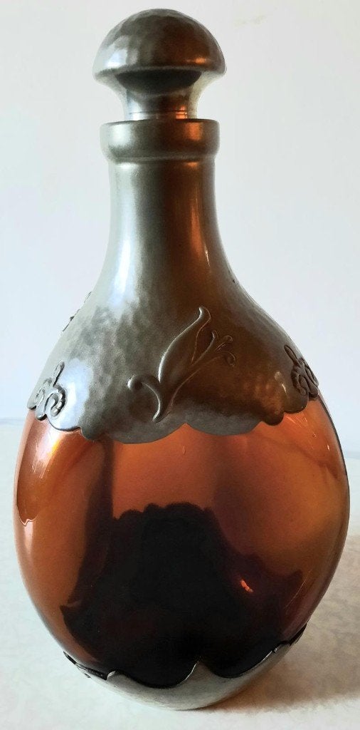 Art-Deco bruin glazen karaf met tin beslagen, Ophalen of Verzenden