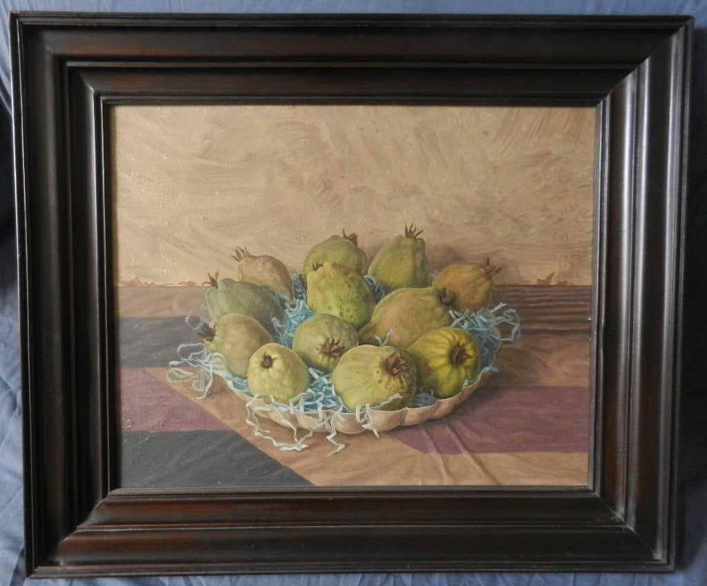 Olieverf op doek Kweeperen in mandje door Jakob Nieweg 1942, Doek, Realistisch, Stilleven, Ophalen of Verzenden