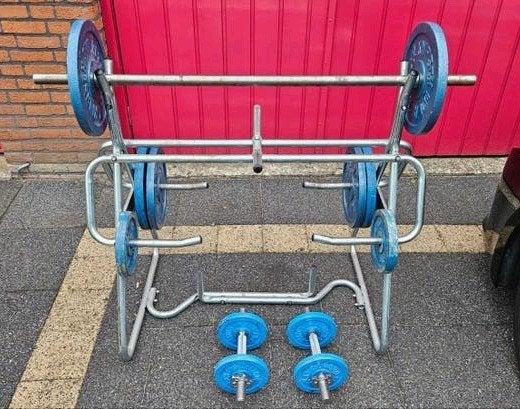 Kettler rek met halterstang, dumbells en halterschijven, Ophalen, Zo goed als nieuw, Halterset